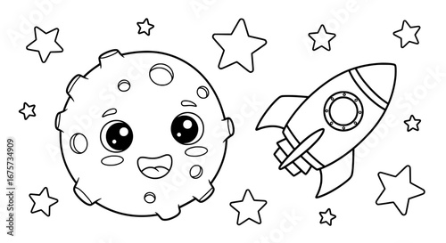 Space themed cartoon moon and rocket with transparent background