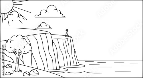 Coastal landscape with cliffs trees and lighthouse with transparent background