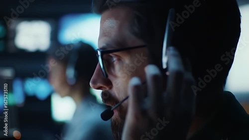 Profile of a Bearded Man Wearing Headset and Glasses in a Dark Room with Monitors and a Blurred Woman in Background