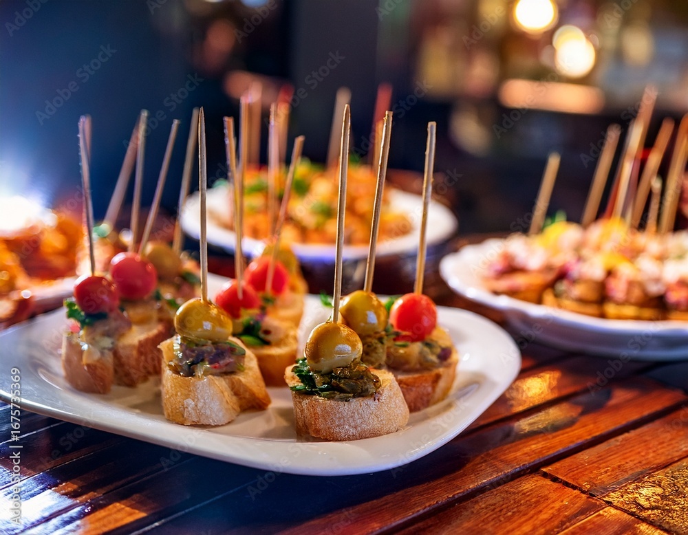 Fototapeta premium traditional spanish snacks or tapas called pintxos in a bar counter in san sebastian basque country spain basque national cuisine in a typical cafe or restaurant or tapas bar