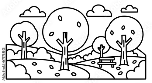 Nature park with trees and bench with transparent background