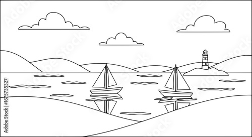 Seamless pattern of coastal landscape with sailboats and lighthouse