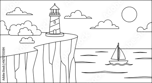 Seaside lighthouse on cliffs with transparent background