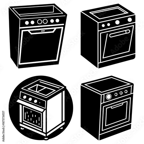 Four black and white illustrations of ovens in different perspectives and slight variations in design