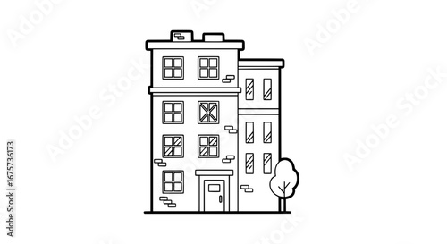 Multistory building with windows and door with transparent background