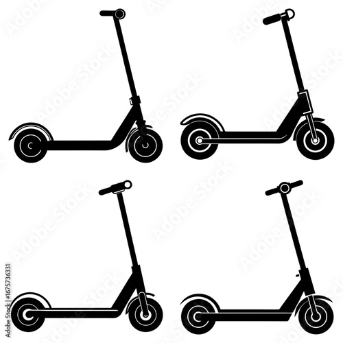 Four black scooters depicted in a grid formation with minimalist design on a white plain background