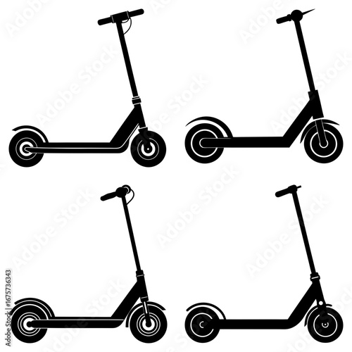 Four black scooters positioned in a grid pattern against a white background offering various perspectives