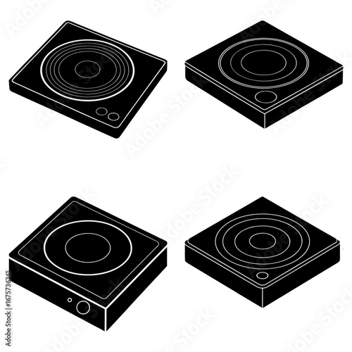 Four isometric black induction cooktops with circular heating elements arranged in a grid pattern view