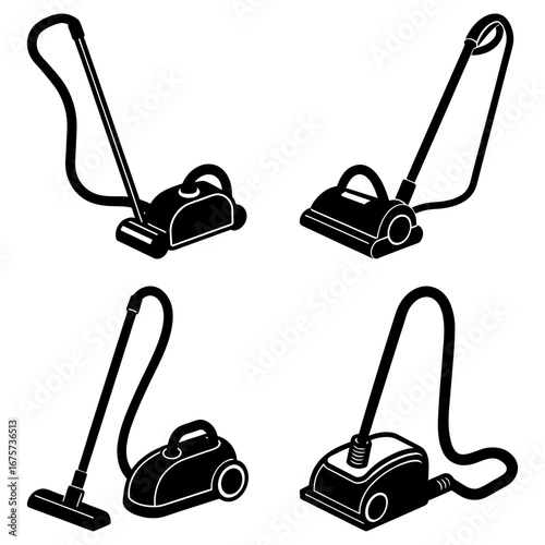 Four black and white vacuum cleaners in different styles and orientations displayed in a square grid pattern