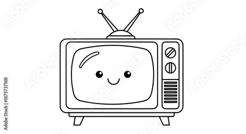 Cute vintage television with smiling face and antenna