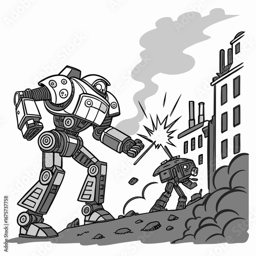 A giant robot attacks a city, causing destruction and chaos