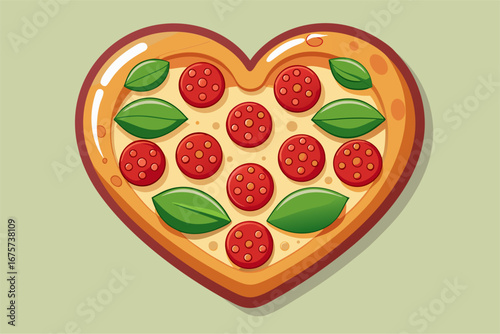Heart shaped pepperoni pizza with basil leaves