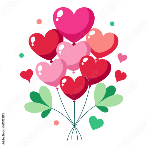 A cheerful bouquet of heart shaped balloons in various shades of pink and red