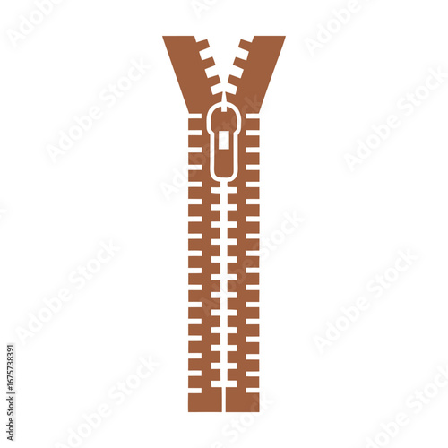 Brown zipper pull tab and teeth on white background fastener closure