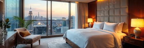 Luxurious hotel suite with stunning city view, plush bedding, and elegant decor  Enjoy the ultimate in comfort and sophistication , interior, decor, opulence