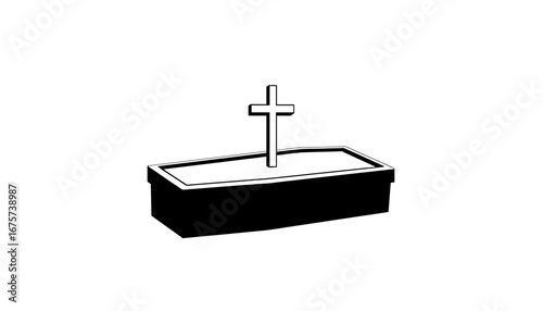 Coffin with a cross on top on a white background for thematic design
