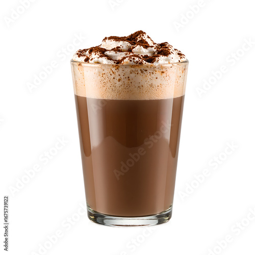 Indulge in a steamy cup of hot chocolate with a frothy texture sprinkled with a touch of cocoa powder in a clear glass, isolated