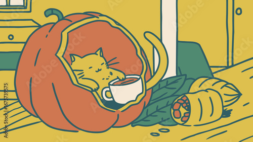 Cat resting in pumpkin shell with cup of tea in cozy interior  