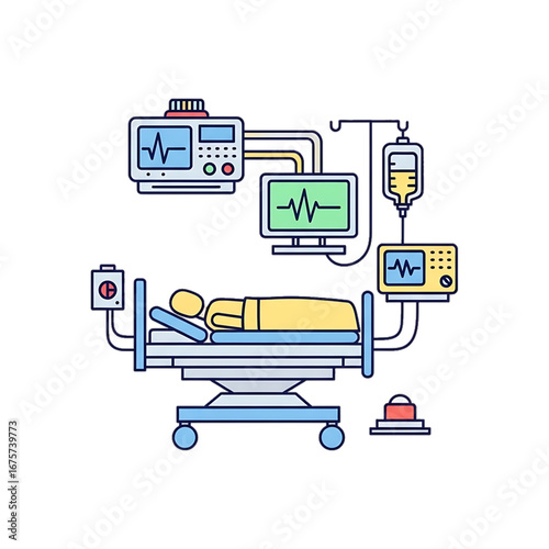 Hospital bed with monitoring devices.