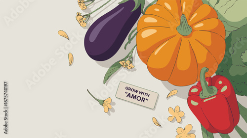 Overhead View of Fresh Vegetables and a Pumpkin with " Grow with Amor" Tag healthy food