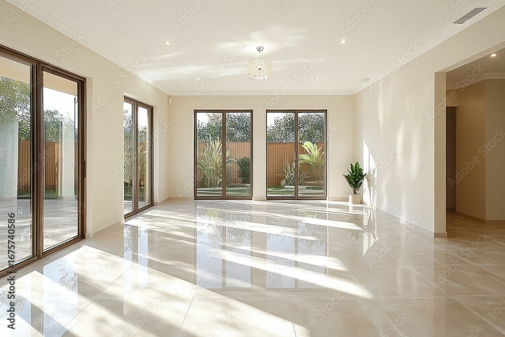 Fototapeta premium Bright and spacious empty living room with large glass doors and windows letting in natural sunlight, featuring glossy tiled floors and minimal indoor plants