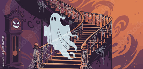 Halloween ghost ascending spooky staircase in vector style  
