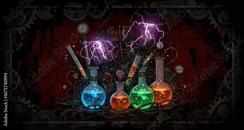 Halloween vector banner with colorful potions and lightning background  