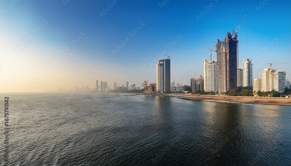 Obraz premium morning view of mumbai coastline with skyscrapers under construction and clear sky
