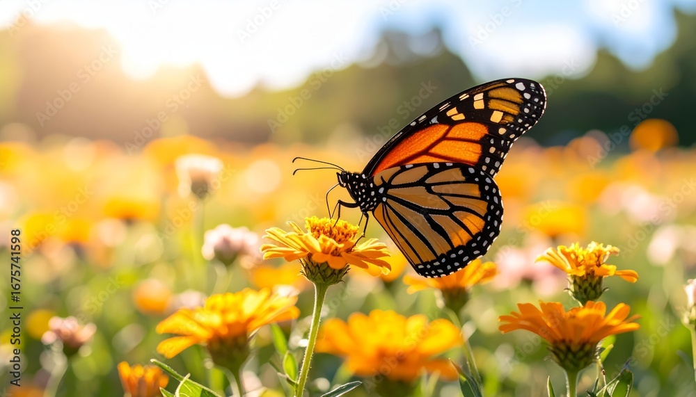 Fototapeta premium A monarch butterfly delicately sips nectar from a vibrant orange wildflower in sunlit meadow.