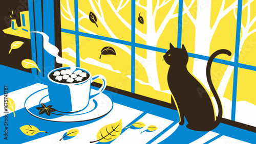 Black cat sitting by window with hot drink and autumn leaves  