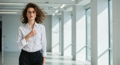 Young woman walking confidently in a modern office hallway Free Download Young woman walking confidently in a modern office hallway - GFXLoad