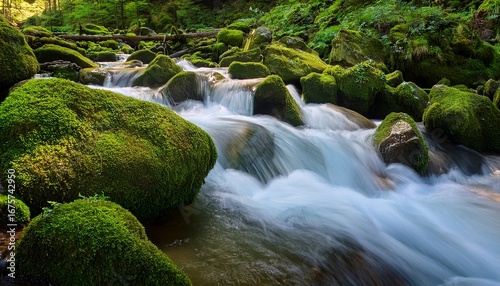 fast mountain stream cascades down smooth rocks covered in moss and lush green foliage in the mountains