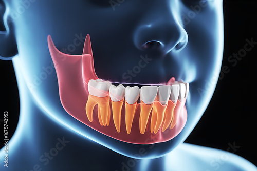 3D scientific illustration of a childs dental jaw development showing growing teeth and bone structure for orthodontic education and pediatric dentistry research