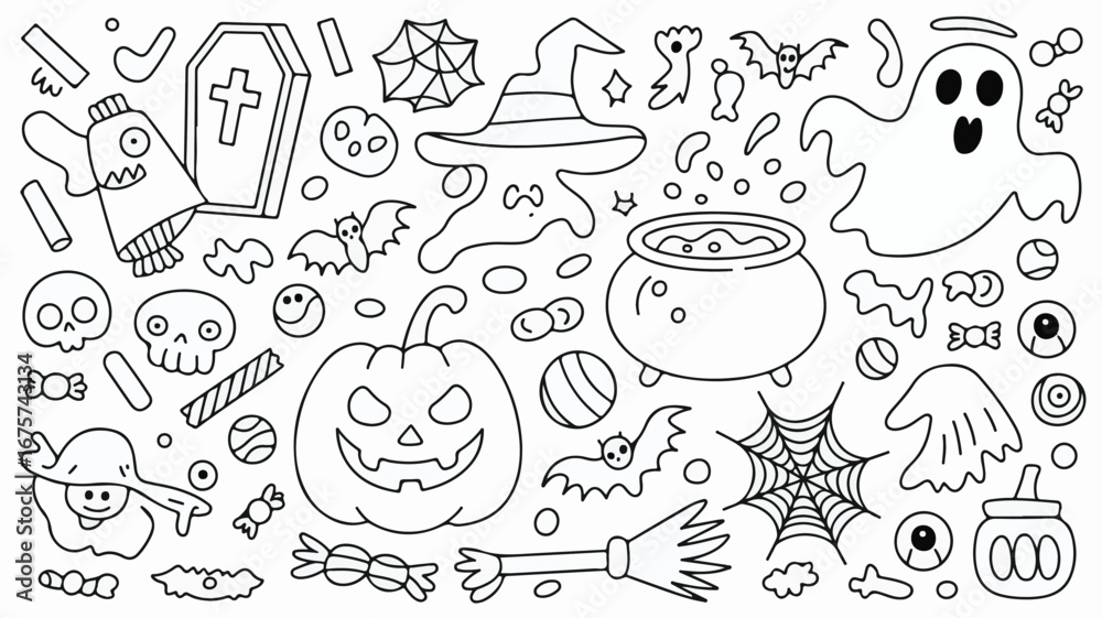 Obraz premium Spooky Halloween Doodle Collection with Ghosts Pumpkins Bats Witch Hat and Coffin on White Background