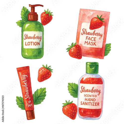 Watercolor Strawberry-Theme, Things Edition #5—Strawberry Lotion, Face Mask, Liptint, and Hand Sanitizer. Vector Illustration. Design Element. Clip art. Suitable for artwork design.