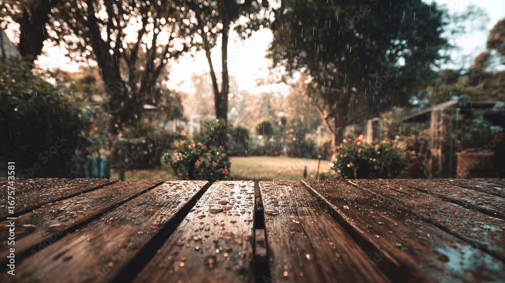 Fototapeta premium Rainy Wooden Deck in Garden with Water Droplets and Blurred Trees and Flowers in Background
