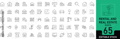 Collection of rental and real estate line icons such as house, apartment, contract, property, and location. Thin editable stroke symbols for housing, lease, and property business design.