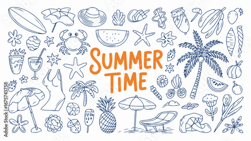 Summer Time Doodle Collection with Beach and Tropical Elements vector illustration