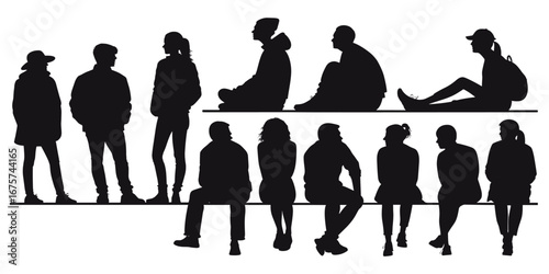 Silhouette of a group of people, capturing diverse postures. It shows their body profile, and outline their different postures. 