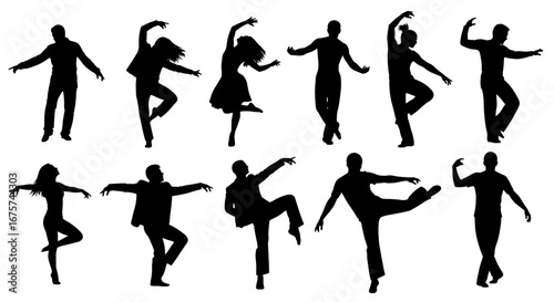 Dynamic dance silhouettes in motion, showcasing graceful figures in elegant poses. The black shadows create a sense of rhythm and artistry
