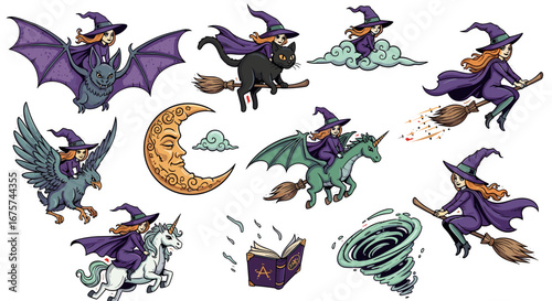 A collection of whimsical illustrations featuring witches, magic, and fantastical creatures in a cartoonish style. halloween theme