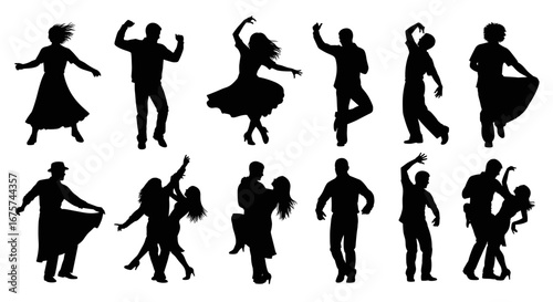 Silhouettes of dancers in various poses, showing movement and rhythm. A visual of the diverse dance styles captured as a dynamic and lively design