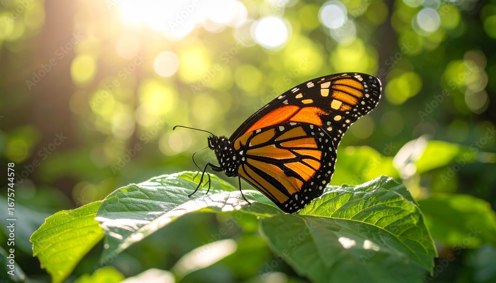 Fototapeta premium A vibrant monarch butterfly rests gracefully on a lush green leaf, basking in warm dappled sunlight.