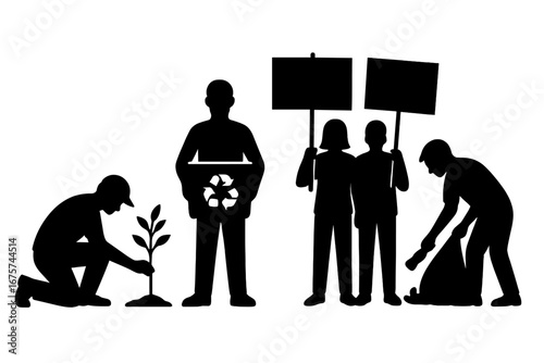People demonstrating environmental stewardship, demonstrating various acts such as planting a tree, holding signs of protest, and picking up trash