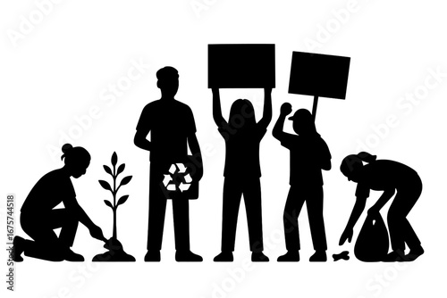 A group of people planting trees and protesting to help the environment