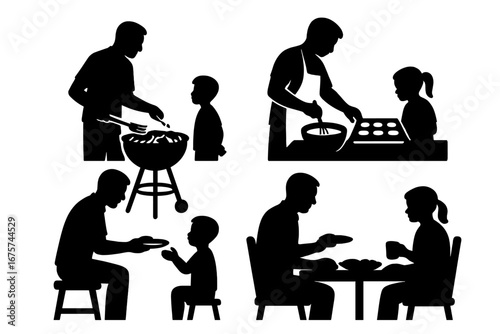A father-child silhouette family cooking and dining together, in a set of vector illustrations. These graphics capture the essence of family and togetherness.
