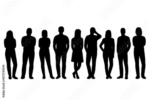 Silhouetted individuals standing together. The black and white contrast enhances the graphic impact