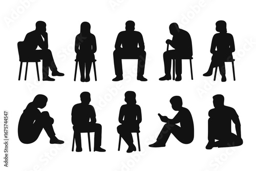 Silhouette depictions of various people in diverse seating arrangements, depicting different postures and activities