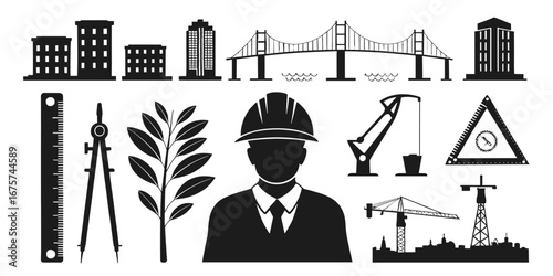 A collection of architecture-related objects and symbols, emphasizing a construction worker silhouette