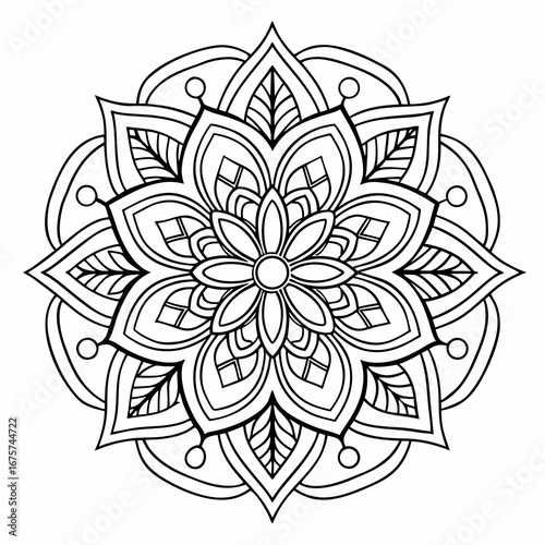 Intricate Black and White Mandala – Symmetrical Geometric Line Art Vector Design